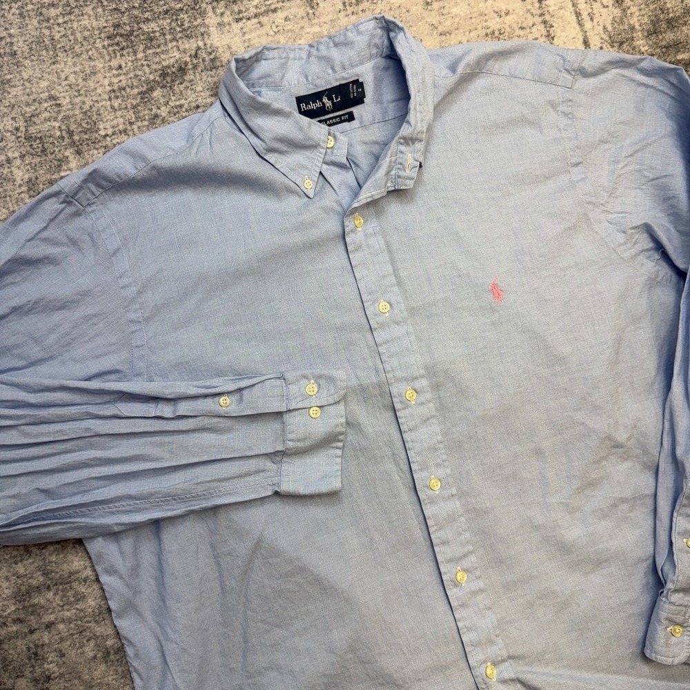 VTG Polo Ralph Lauren Shirt Men 2XL 18 Blue Classic Fit Lightweight Cotton Dress